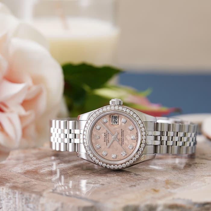 中古 Rolex ロレックス デイトジャスト g ピンク ゴールドクリスタル 商品id 詳細ページ レディースブランド サロン Briller レディース腕時計 ブランドバッグ ブランドジュエリーのオンラインストア