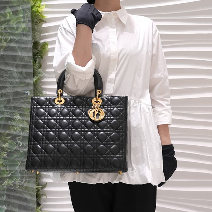 CHRISTIAN DIOR クリスチャン ディオール レディディオール ラージ カナージュ ラムスキン ブラック 28