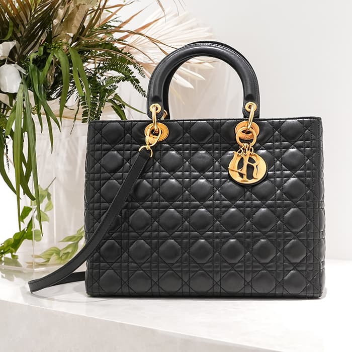 CHRISTIAN DIOR クリスチャン ディオール レディディオール ラージ 2way バッグ カナージュ ラムスキン ブラック 2